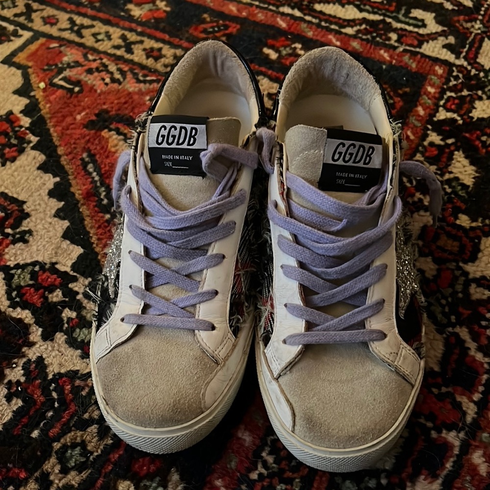 Golden Goose Superstars, size 39, plaid black & red, silver star, purple laces